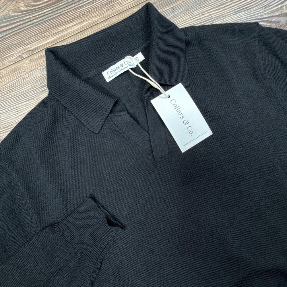 Collars & Co Mens SMALL Polo Sweater Black Merino Wool Long Sleeve V-Neck NWT
